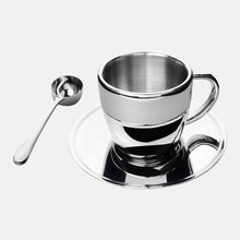Polished Double Wall Stainless Steel Cappuccino Cup with Saucer (6 oz.) + Coffee Measuring Spoon (10.3cm)