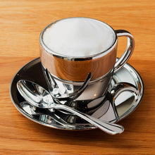 Polished Double Wall Stainless Steel Cappuccino Cup with Saucer (6 oz.) + Coffee Measuring Spoon (14cm)