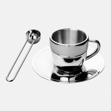 Polished Double Wall Stainless Steel Espresso Cup with Saucer (3 oz.) + Coffee Measuring Spoon (14cm)