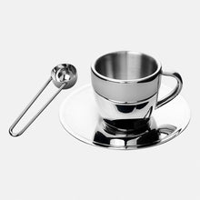 Polished Double Wall Stainless Steel Espresso Cup with Saucer (3 oz.) + Coffee Measuring Spoon (10.5cm)