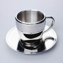 Polished Double Wall Stainless Steel Cappuccino Cup with Saucer (6 oz.) + Coffee Measuring Spoon (10.3cm)