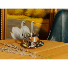 Polished Double Wall Stainless Steel Cappuccino Cup with Saucer (6 oz.) + Coffee Measuring Spoon (14cm)